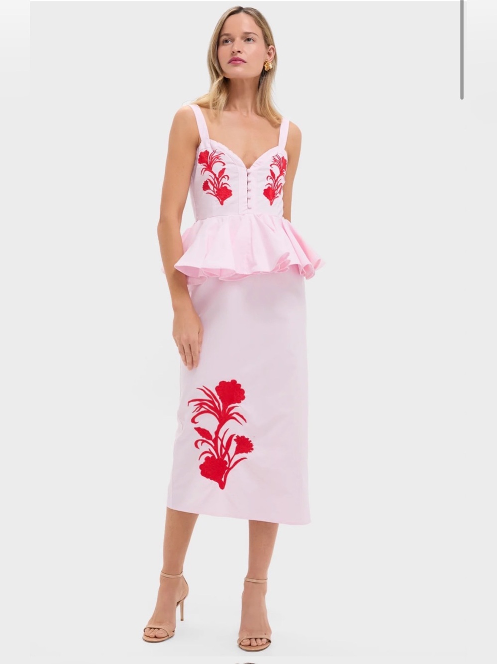 Fanm Mon Pink Dress with Red Floral Embroidery